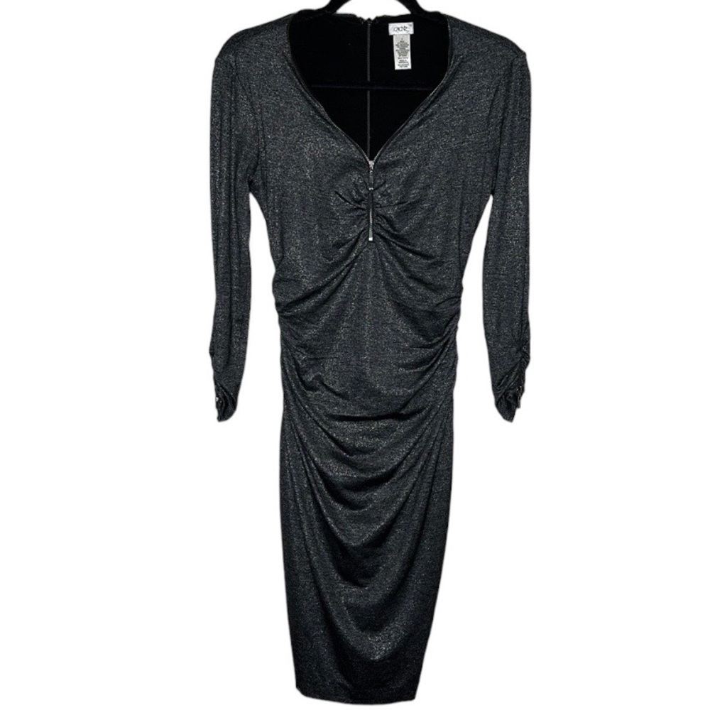 CACHE Metallic Shimmer Body Con Midi Dress | Size: Small | Dark Gray & Silver